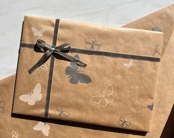 Wrapping Paper Silver White Butterfly 50CM Wide Eco Friendly, 100% Recycled Kraft | Recyclable, Sustainable, Plastic Free Gift Wrap