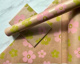 Pink Green Floral Print Eco Friendly Gift Wrapping Paper, 100% Recycled & Recyclable Gift Wrap, Kraft Birthday Wrapping Paper, Sustainable