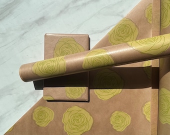 Lime Green Roses Print Eco Friendly Gift Wrapping Paper, 100% Recycled & Recyclable Gift Wrap, Kraft Birthday Wrapping Paper, Sustainable