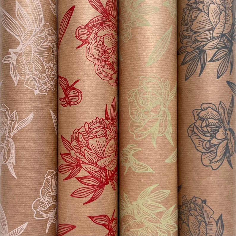 Red Floral Impressions Print Sustainable Eco Friendly Kraft Gift Wrapping Paper, 100% Recycled & Recyclable Gift Wrap, image 5