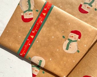 Wrapping Paper Christmas Snowman 50CM Wide Eco Friendly  100% Recycled Kraft   Recyclable  Sustainable  Plastic Free Gift Wrap