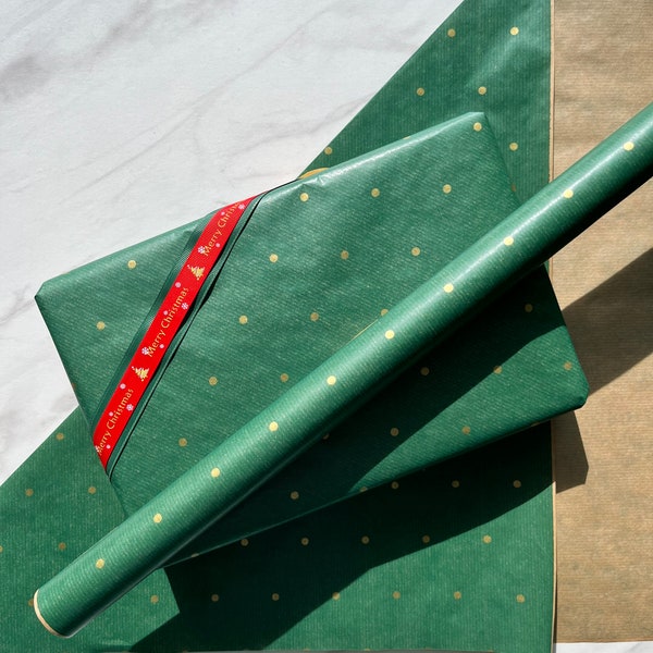 Christmas Green Gold Polka Dot Eco Friendly Gift Wrapping Paper, 100% Recycled & Recyclable, Luxury Kraft Paper, Biodegradable, Sustainable