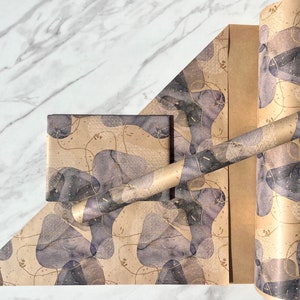 Papel de regalo Kraft ecológico con diseño de cala de color morado y lila, 100 % reciclado y reciclable, para cumpleaños, Navidad y el Día de la Madre