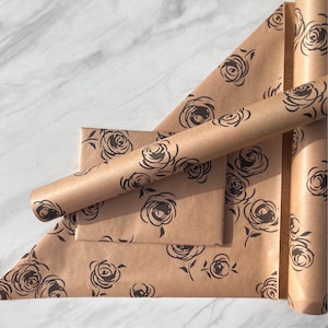 Black Rose Print Eco Friendly Gift Wrapping Paper, 100% Recycled & Recyclable Gift Wrap, Kraft Birthday Wrapping Paper, Sustainable image 1