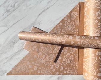 Evie White Butterly And Floral Eco Friendly Gift Wrapping Paper, 100% Recycled & Recyclable, Mother's day Birthday Kraft  Wrapping Paper.