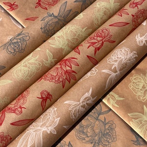 Red Floral Impressions Print Sustainable Eco Friendly Kraft Gift Wrapping Paper, 100% Recycled & Recyclable Gift Wrap, image 3