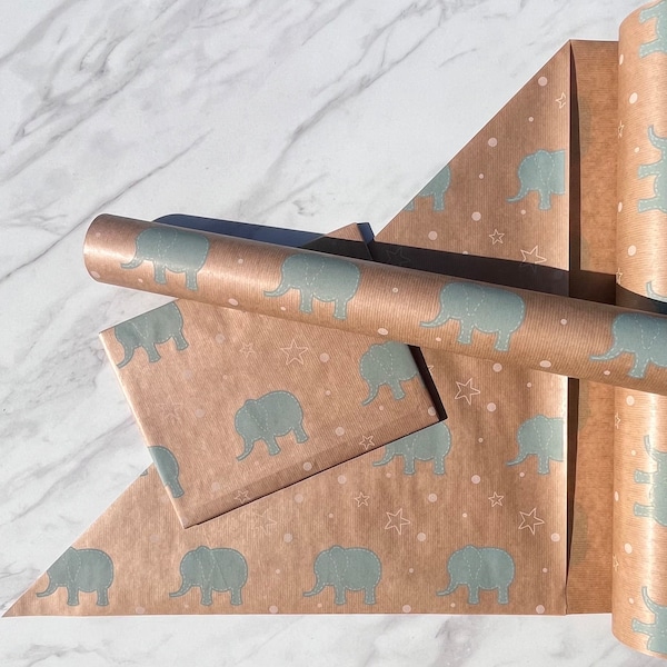 Baby Blue Elephant Eco Friendly Gift Wrapping Paper, 100% Recycled & Recyclable Gift Wrap, Kraft Wrapping Paper, Baby Shower Wrapping Paper