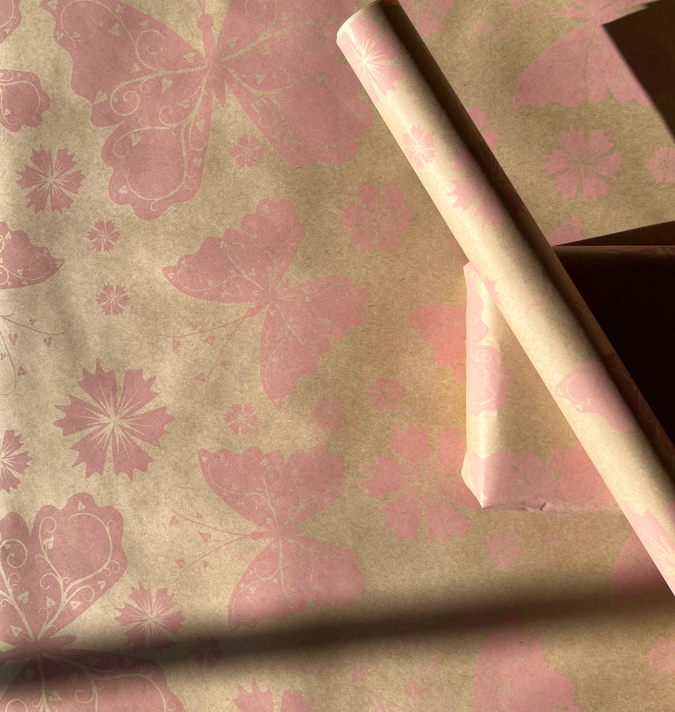 Wrapping Paper Baby Pink Butterfly 50CM Wide Eco Friendly, 100% Recycled Kraft | Recyclable, Sustainable, Plastic Free Gift Wrap