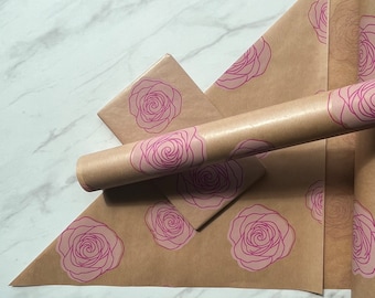 Wrapping Paper Pink Roses Print Eco Friendly Gift Wrapping Paper, 100% Recycled & Recyclable Gift Wrap, Kraft Birthday Wrapping Paper, Susta