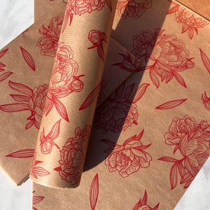 Red Floral Impressions Print Sustainable Eco Friendly Kraft Gift Wrapping Paper, 100% Recycled & Recyclable Gift Wrap, image 6