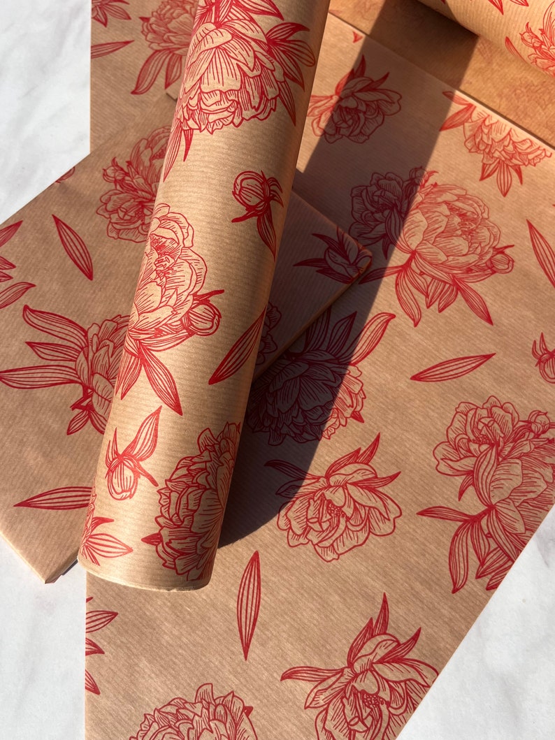 Red Floral Impressions Print Sustainable Eco Friendly Kraft Gift Wrapping Paper, 100% Recycled & Recyclable Gift Wrap, image 6