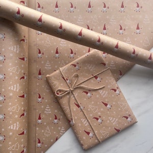 Wrapping Paper Christmas Scandi Gonk Gnome 50CM Wide Eco Friendly  100% Recycled Kraft   Recyclable  Sustainable  Plastic Free Gift Wrap