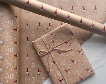 Wrapping Paper Christmas Scandi Gonk Gnome 50CM Wide Eco Friendly, 100% Recycled Kraft | Recyclable, Sustainable, Plastic Free Gift Wrap