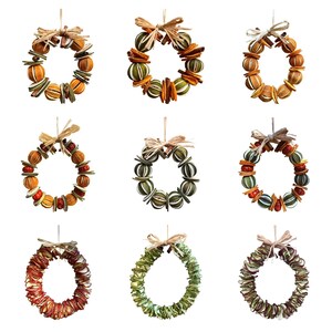 May include: A collection of nine circular hanging ornaments crafted from dried fruit slices, including orange, lime, and apple, accented with cinnamon sticks and tied with natural raffia bows. Each wreath-shaped decoration features varied colour palettes.