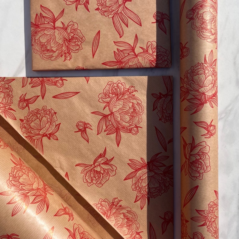 Red Floral Impressions Print Sustainable Eco Friendly Kraft Gift Wrapping Paper, 100% Recycled & Recyclable Gift Wrap, image 2