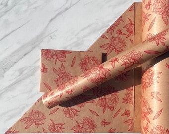 Red Floral Impressions Print Sustainable Eco Friendly Kraft Gift Wrapping Paper, 100% Recycled & Recyclable Gift Wrap,