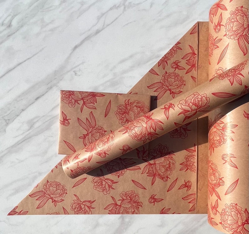 Red Floral Impressions Print Sustainable Eco Friendly Kraft Gift Wrapping Paper, 100% Recycled & Recyclable Gift Wrap, image 1