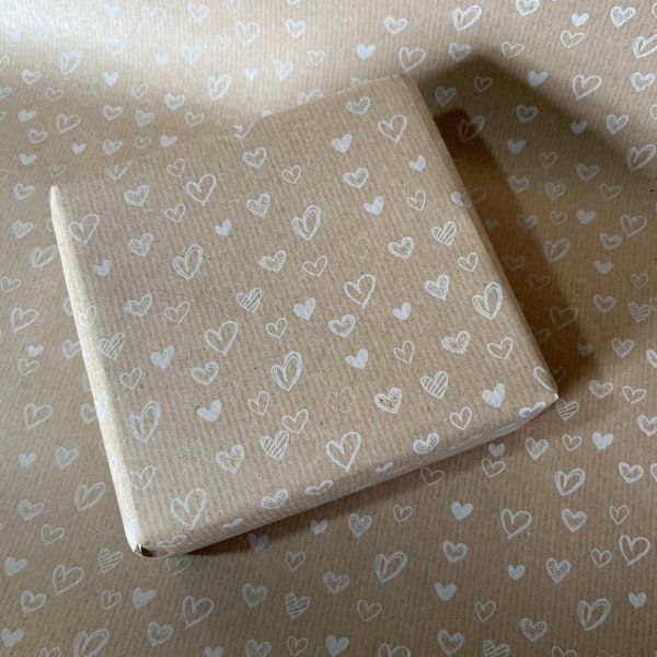 Valentines Day White Hearts Print Eco Friendly Gift Wrapping Paper, 100% Recycled & Recyclable Gift Wrap, Kraft, Sustainable Wrapping Paper