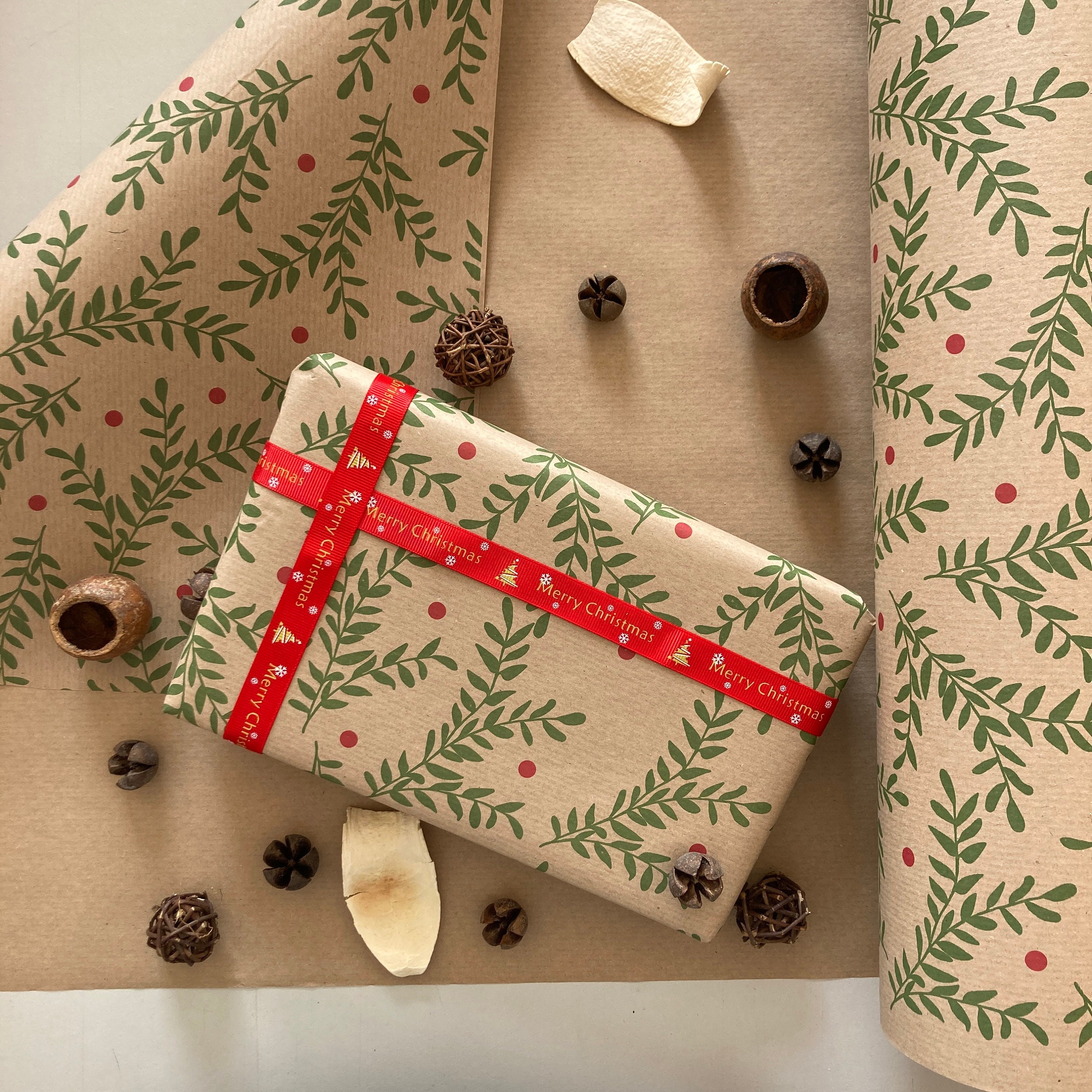Eco Brown Kraft Christmas Wrapping Paper. Botanical Gift Wrap A3
