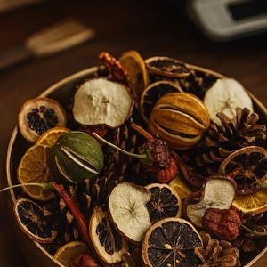 Può includere: Una ciotola rotonda in legno riempita con una selezione di fette di frutta essiccata, tra cui arance, lime e mele, intervallate da pigne marroni e piccoli peperoncini rossi essiccati dai toni caldi e naturali.