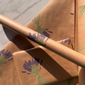 Papel de embrulho ecológico com flores de lavanda, 100% reciclado e reciclável, papel de embrulho Kraft, papel de embrulho para aniversários.