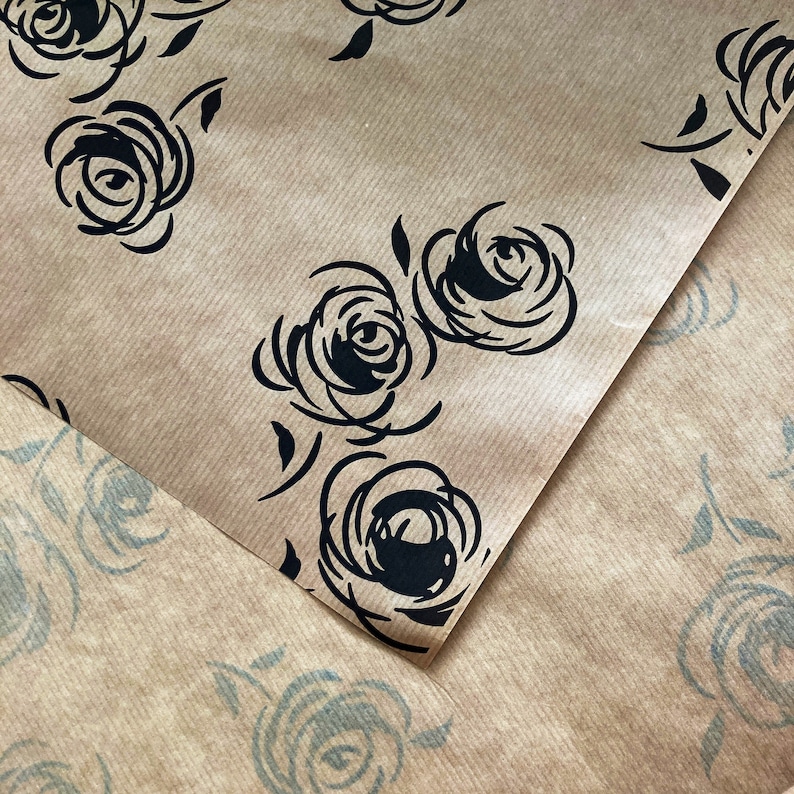 Black Rose Print Eco Friendly Gift Wrapping Paper, 100% Recycled & Recyclable Gift Wrap, Kraft Birthday Wrapping Paper, Sustainable image 2