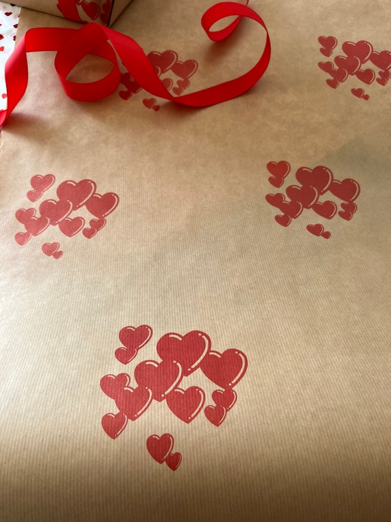 Valentines Day Red Hearts Print Eco Friendly Birthday Gift Wrapping Paper,  100% Recycled & Recyclable, Sustainable, Kraft Gift Wrap. 