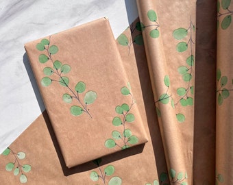 Feuilles d'eucalyptus, papier cadeau écologique, 100 % recyclé et recyclable, papier d'emballage kraft, papier d'emballage d'anniversaire.