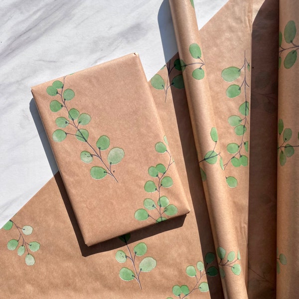 Eucalyptus Stems Leaves Eco Friendly Gift Wrapping Paper, 100% Recycled & Recyclable, Kraft Wrapping Paper, Birthday Wrapping Paper.