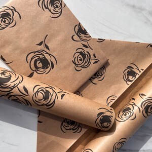 Black Rose Print Eco Friendly Gift Wrapping Paper, 100% Recycled & Recyclable Gift Wrap, Kraft Birthday Wrapping Paper, Sustainable image 3