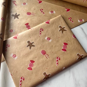 Carta da regalo ecologica per bambini con pan di zenzero e caramelle di Natale, 100% riciclata e riciclabile, carta di Natale per bambini sostenibile e di lusso.