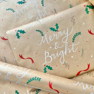 Christmas Merry & Bright Eco Friendly Gift Wrapping Paper, 100% Recycled, Recyclable, Luxury Kraft gift Wrap, Sustainable Festive Xmas Paper