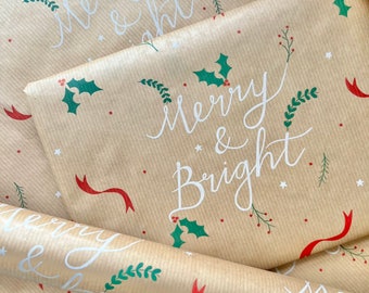 Wrapping Paper Christmas Merry & Bright 50CM Wide Eco Friendly  100% Recycled Kraft   Recyclable  Sustainable  Plastic Free Gift Wrap