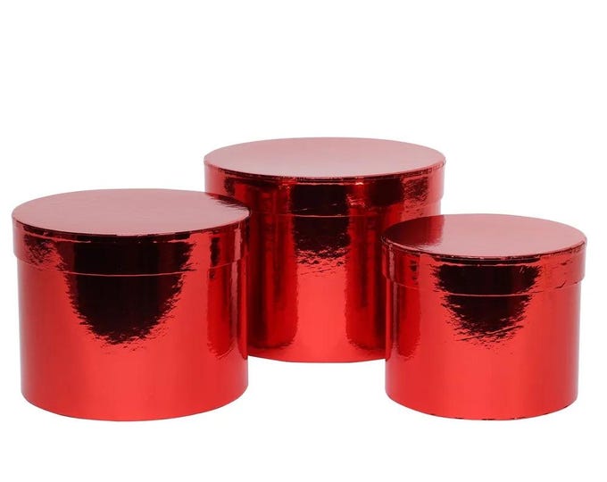 Set of 3 Round Storage Hat Boxes, Shiny Metallic Red, Designer Flower ...