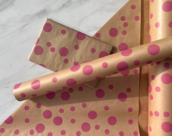 Wrapping Paper Pink Polka 50CM Wide Eco Friendly, 100% Recycled Kraft | Recyclable, Sustainable, Plastic Free Gift Wrap