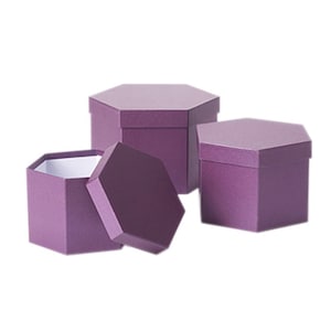 May include: Three purple hexagonal gift boxes with lids. The boxes are made of cardboard and have a textured finish.