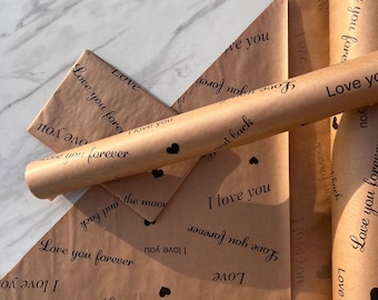 Papel de regalo con estampado "Te quiero" de 50 cm de ancho, ecológico, 100 % reciclado, papel kraft/reciclable, sostenible y sin plástico.