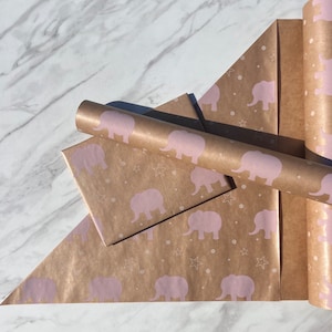 Milieuvriendelijk cadeaupapier babyroze olifant, 100% gerecycled en recyclebaar cadeaupapier, kraftpapier, inpakpapier babyshower