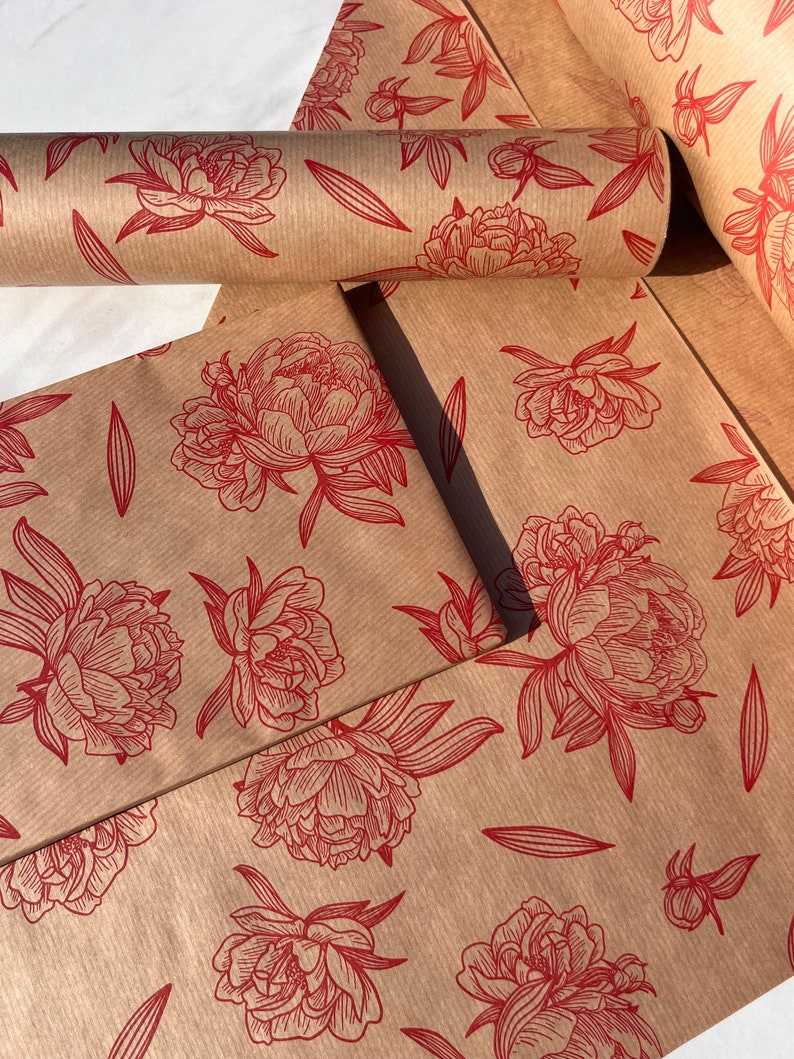 Red Floral Impressions Print Sustainable Eco Friendly Kraft Gift Wrapping Paper, 100% Recycled & Recyclable Gift Wrap, image 4