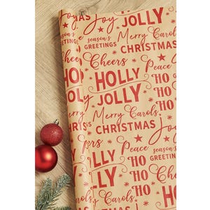 Holly Jolly 5 meter luxe, milieuvriendelijk kerstkraftcadeaupapier, 100% gerecycled en recyclebaar, geleverd in milieuvriendelijke verpakking