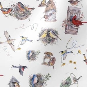 May include: A white background featuring watercolour illustrations of birds, nests, and birdhouses. The birds are depicted in shades of red, yellow, blue, and brown. Some birds are in flight, while others are perched on nests or birdhouses.