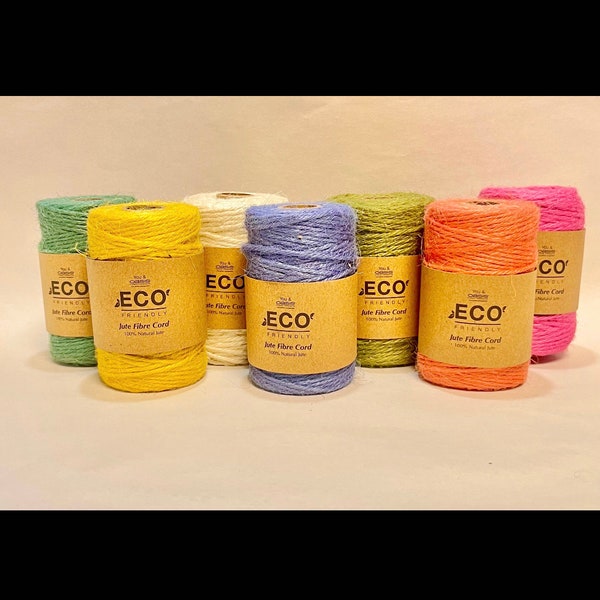 100% Natural Jute Fibre Cord, Twine, Eco Friendly, Pink, Cream, Olive Green, Iris Blue, Peach Pink, Mustard & Pale Green.