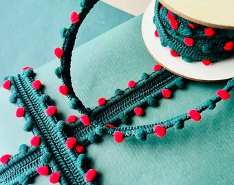 Christmas Red & Green Pom-Pom Ribbon, Luxury Gift Wrapping Ribbon Xmas