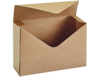 May include: A brown kraft paper box designed to resemble an envelope. The box features a rectangular base with a triangular flap that is open, revealing the hollow interior. The exterior surface is a plain, matte brown paper texture throughout.