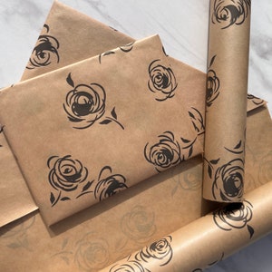 Black Rose Print Eco Friendly Gift Wrapping Paper, 100% Recycled & Recyclable Gift Wrap, Kraft Birthday Wrapping Paper, Sustainable image 5