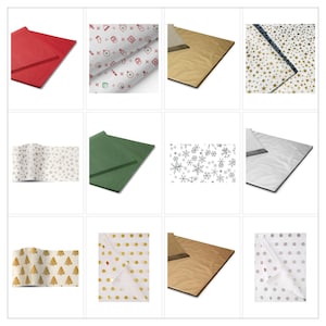 Papier de soie de Noël - 12 motifs, 18 g/m², 75 x 50 cm, 1, 3, 5 ou 10 feuilles
