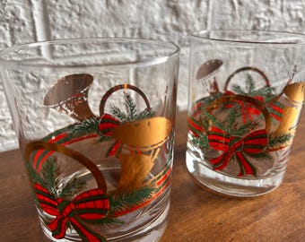 Vintage Georges Briard Christmas Horn Double Old Fashioned Glasses - Set of Two