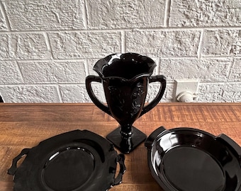 Vintage Black Glass Art Deco Vase, Plate, Bowl – L.E. Smith, Fenton