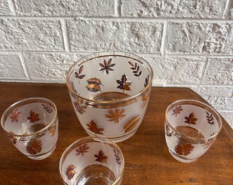 Vintage Libby Gold Leaves Ice Bucket and Three Tumblers