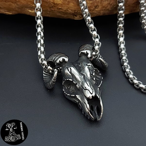 Widderkopf Anhänger Halskette Widder Stier Schmuck Edelstahl Skull NEU